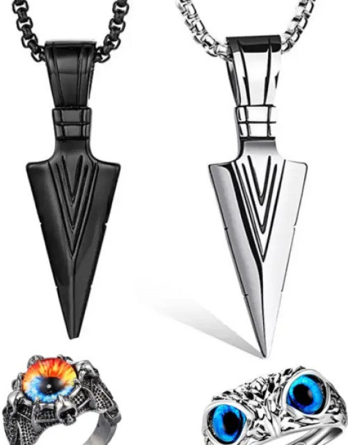 Black & Silver Arrow Chains With Evil Eye Rings Dragon & Owl Silver