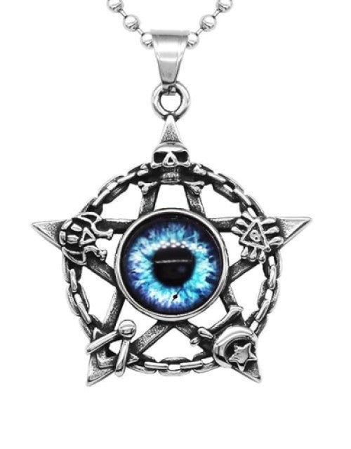 Men Stainless Steel Pentacle Star Evil Eye Skull Pendant Necklace Blue Eye