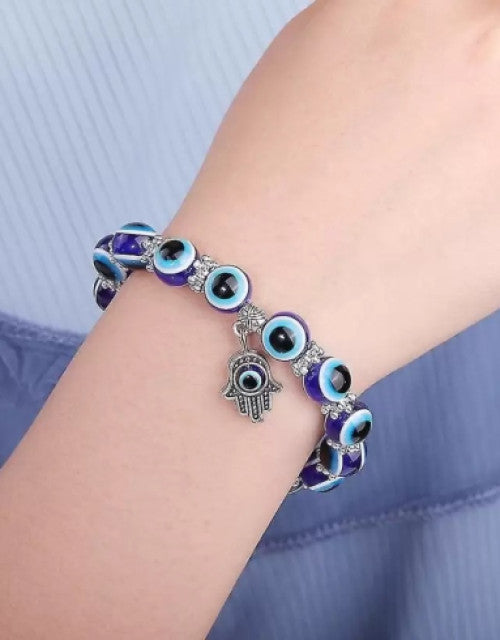 Unisex-Adult Turkish Evil Eye Blue Beaded Hamsa Charm Stretch Bracelet